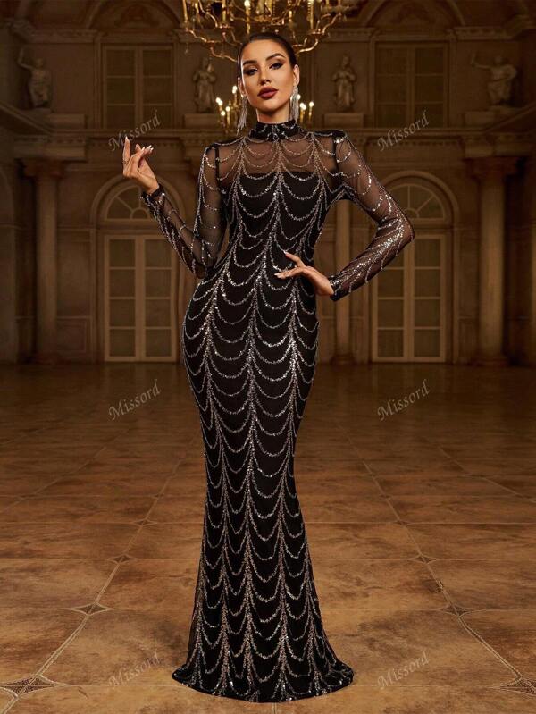 Missord Robe de soirée chic en mesh transparent avec yoke pailleté, noire, à manches longues, élégante. Robe de soirée formelle pour mariage, invité, remise de diplôme, dîner