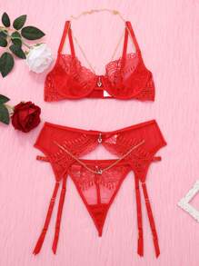 Conjunto de 3 sutiãs camisola bordados de malha de lingerie sexy feminina