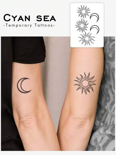 1pc Washable Waterproof Sweat-Proof Non-Reflective Temporary Tattoo Sticker With Dark Sun Moon Wind Pattern, Suitable For People, Unisex, Can Be Attached To Neck