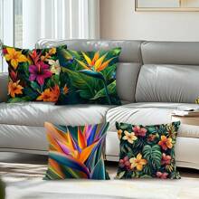 4 pièces Ensemble de housses de coussin imprimées de plantes tropicales et de fleurs, 45 cm x 45 cm, imprimé sur un seul côté