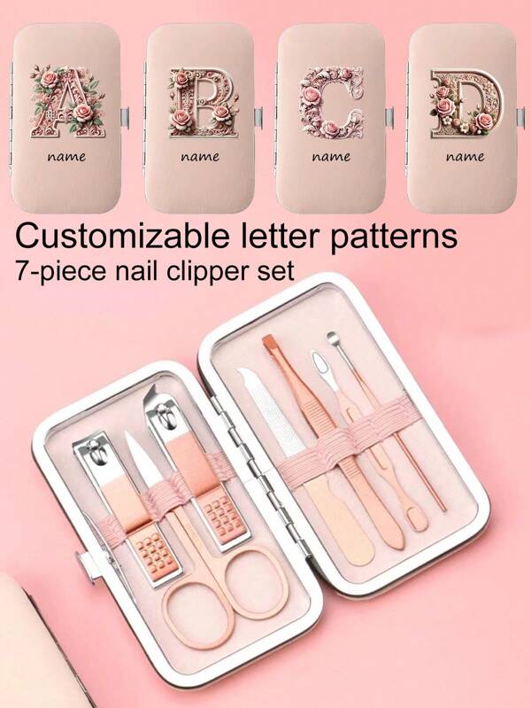 1 Set, individuell gestaltbares Buchstabendesign, professionelle tragbare Nagelpflege-Garnitur, Rosendesign mit Buchstaben, Augenbrauen- und Gesichts-Trimmer, Edelstahl Nagelpflegewerkzeuge, mit Luxus-Lederetuie, geeignet für Reisen und Zuhause