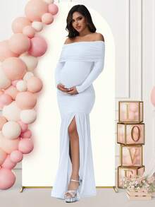 JustVH Đầm bầu tay dài trễ vai, màu trơn, phối lưới, xẻ tà, thích hợp cho tiệc mừng em bé sắp chào đời hoặc chụp ảnh. Màu trắng. - trắng - Xem 5