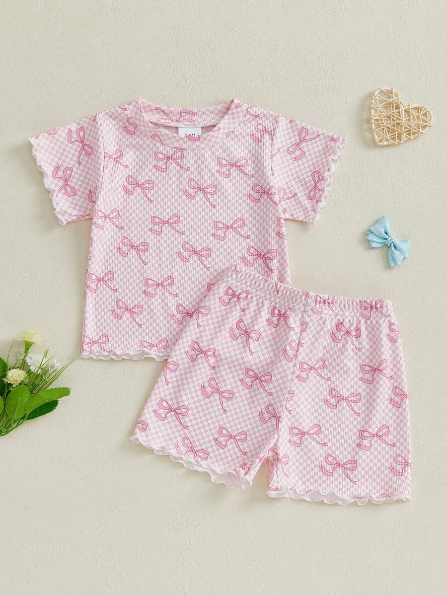 Toddler Girl 2-Piece Summer Set - Plaid Bow Top  Elastic Waist Shorts  1-4 Years Playtime Outfit