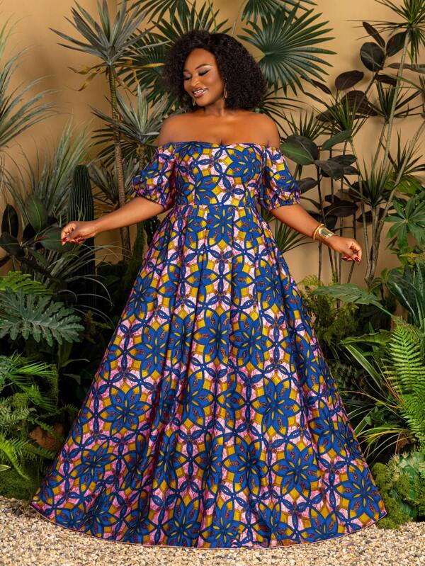 Faeriesty Vestido de verano largo y elegante con hombros descubiertos y mangas cortas, falda acampanada de talla grande, con un llamativo estampado geométrico rojo y amarillo, perfecto para bodas en la playa, fiestas tropicales y escapadas de temporada (diseño ligero y versátil)