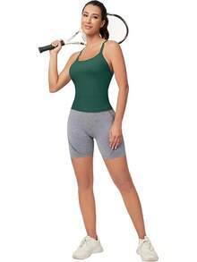 Workout Tops Women With Built In Bra, Sleeveless Gym Tops Seamless Racerback Athletic Yoga Shirts, Activewear - 蔚藍綠色 - 查看 9
