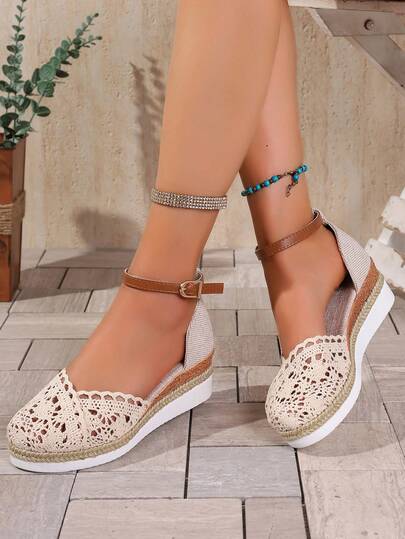 2025 Spring/Summer Women's Sandals, New Single-Buckle Fisherman Shoes, Linen Soles, Wedge Heels, Fairy-Style Toe Cap, Women's Woven Roman Sandals