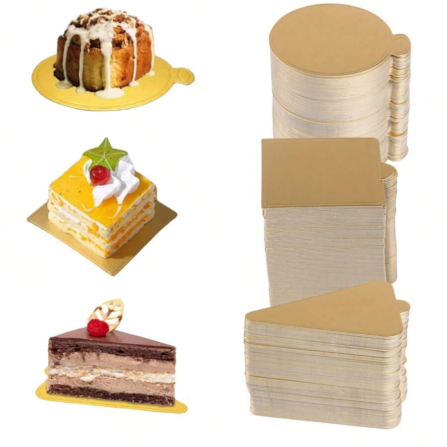 100 件三角形、圆形和方形慕斯甜点金色纸托盘，用于婚礼蛋糕切片展示、生日派对、下午茶派对蛋糕垫 - 烘焙甜点架迷你蛋糕板豪华优雅蛋糕斯坦模具 - 金色 - 查看 1