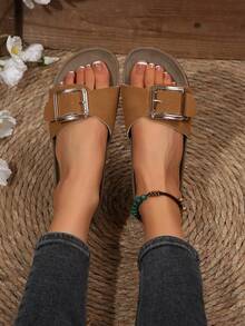 New Fashion Simple White Women Flat Mule Slip On Sandals - Brown - View 4