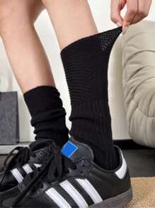 1 par de calcetines por encima de la rodilla de unicolor con empalme de malla y encaje, calcetines de rejilla de primavera/otoño con pila pequeña en la pierna, calcetines de tubo de mujer con empalme hasta la pantorrilla, medias transpirables de rayas verticales de malla ajustadas