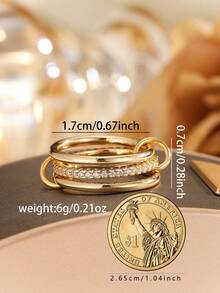 3pcs Fashionable & Elegant Cubic Zirconia Layered Adjustable Copper Alloy Rings, Gold Jewelry - Set Of Rings - View 2