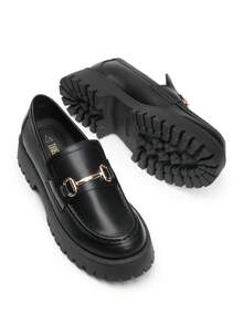 Women Casual Loafers Platform 1.57-Inch Chunky Heels Slip On Comfortable Business Commute Preppy Dress Loafers Shoes - Black/PU - View 5
