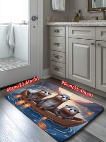 1pc Cute Otter Rowing Bath Mat, Warm Cartoon Design Floor Mat, Absorbent, Non-Slip Flannel Bathroom Rug, Suitable For Bathroom, Living Room, Bedroom, Kitchen, Shower Room, Home Decor Bathroom Kitchen Decor Kitchen Rug