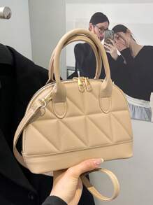 Classic Fashion Solid Color Quilted PU Leather Tote Bag, Women's Versatile Dome Top Handle Crossbody Bag, Simple Travel Vacation Handbag With Adjustable Shoulder Strap, Business Commuting Briefcase Shoulder Bags