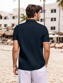 hoteel Mens Cotton Linen Guayabera Shirts Casual Button Up Short Sleeve Summer Beach Shirt - 藏青色 - 查看 4