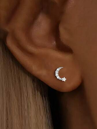 1 Pair 925 Sterling Silver Moon & Star Earrings, Delicate Star Moon Style Earrings Gift For Women, Suitable For Everyday Wear