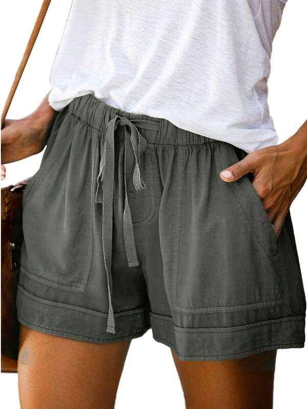 Pantalones cortos ligeros de verano para mujer, cómodos, informales, con cordón y cintura elástica, de color puro, con bolsillos para playa