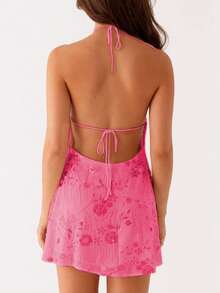 Y2k Sequin Beaded Halter Dress For Women Sexy Sparkle Backless Mini Dress Floral Embellished Rhinestone Club Dresses - Hot Pink - View 6