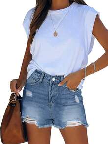 Street Style Frayed Edge Non-Stretch Denim Shorts, Women Casual Shorts For Spring & Summer - Blue - View 4