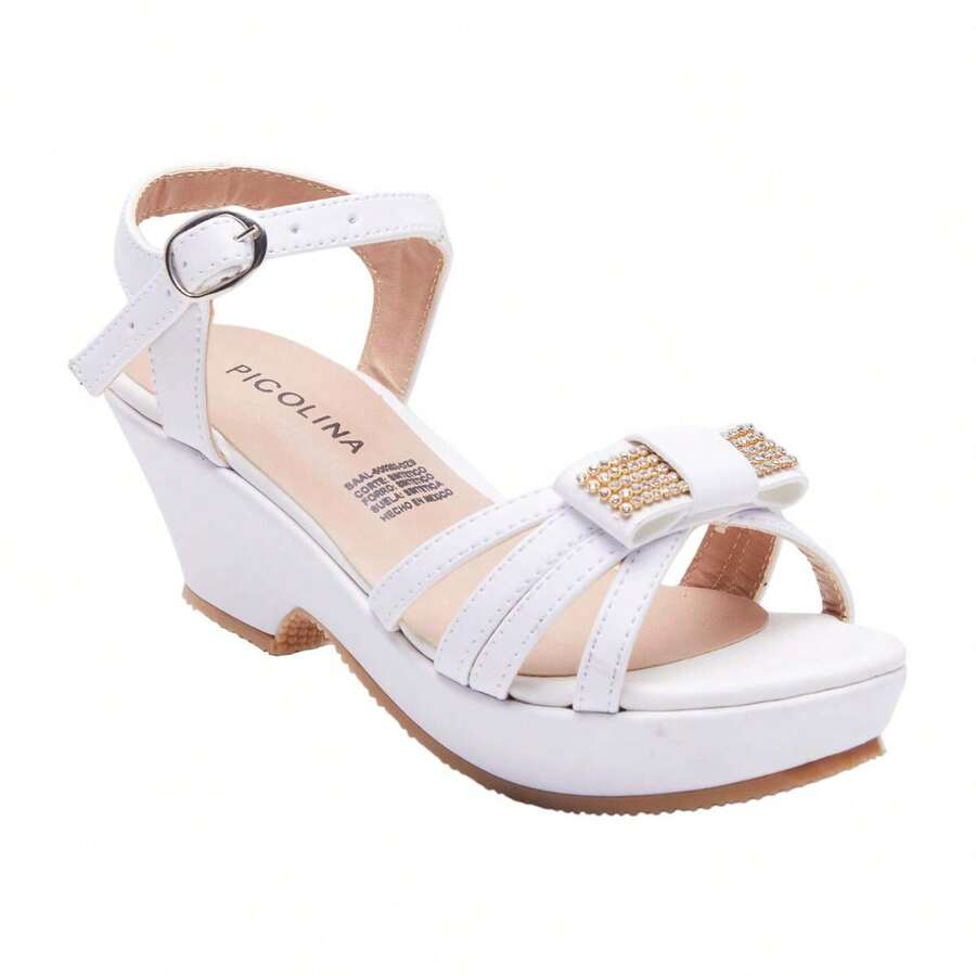 Zapatillas de niña con tacón grueso de 4 cm, suela anti derrapante, correa ajustable al tobillo y moño decorativo con brillos - Calzado elegante y cómodo para ocasiones especiales - Blanco - Ver 1