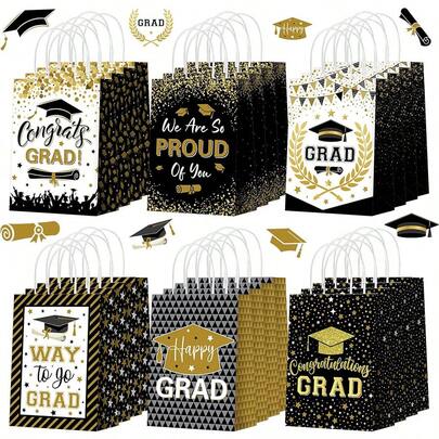 6pcs/12pcs/24pcs Assorted Black & Gold Graduation Party Gift Bags With Handles, Paper Material Congratulatory Graduation Party Packaging Bags, High School & University Graduation Party Decorations