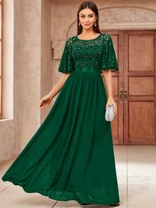 MIUSOL Elegant Sequin Floral Lace Ruffle Sleeve Ruched Chiffon Formal Party Maxi Dress - 墨綠色 - 查看 1