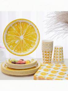 Juego de 68 piezas de vajilla desechable de papel, juego de vajilla con estampado de limón, adecuado para una variedad de actividades, decoraciones de fiesta, decoraciones de fiesta de cumpleaños, decoraciones de fiesta de aniversario de bodas, decoraciones de escena - Multicolor - Ver 7