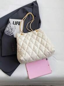 Large Capacity Fashion Tote Bag With Quilted Embroidery, Soft Padded, Winter Chain Strap Shoulder/Crossbody Bag For Women - White - View 9