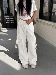 Street High Waist Flap Pocket Drawstring Waist Elastic Hem Ruched Casual Wear Wide Leg Parachute Cargo Pans Y2K Music Festival