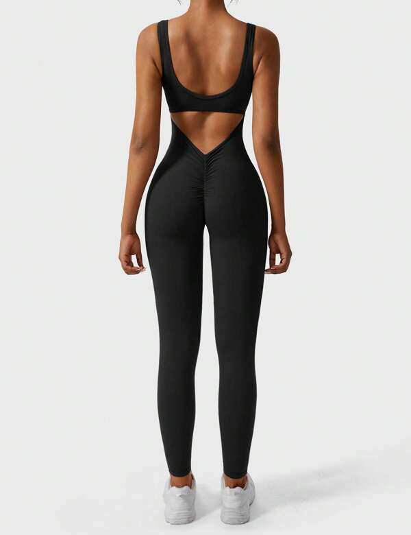 VOYJOY Women Backless Scrunch Butt Jumpsuits One Piece U-Neck Bodycon Leggings Yoga Rompers V-Back Playsuit
