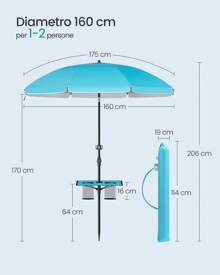 SONGMICS Ombrellone 160 cm di Diametro, Ombrellone da Spiaggia, Protezione Solare UPF 50+, Inclinabile 30°, Altezza Regolabile, con Ripiano e Gancio, per Giardino, Senza Base, Blu