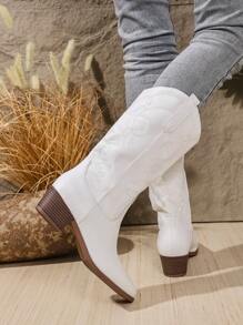 Botas de Cowgirl de Estilo Oeste para Mulheres Plus Size, Bota Cano Médio Pontuda com Salto Tratorado Bordado