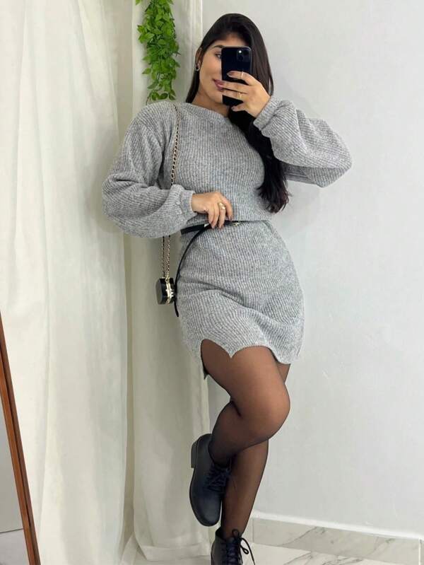Vestido Tricot Midi Fio Mousse Com Fenda Manga Longa Inverno