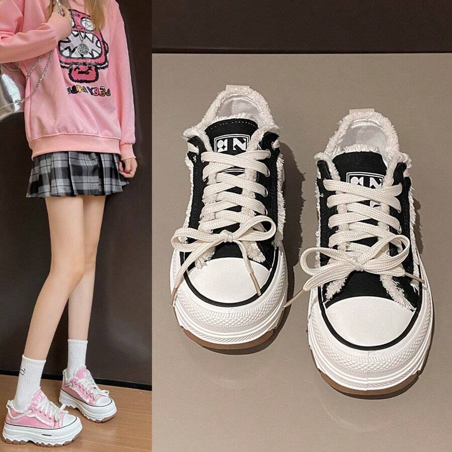 Women's Solid Color Thick Soled Canvas Shoes Lace Up Thick Soled Soft Soled Walking Comfort Shoes Low Cut Casual Canvas Sports Shoes - 黑色 - 查看 1