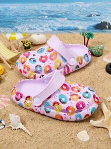 1双女童舒适、时尚、休闲、轻便、可爱甜甜圈印花一脚蹬凉鞋，防滑、耐穿、保护脚趾，沙滩鞋，春夏款 - 紫色 - 查看 5