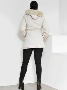 Parka Twill Coat With Pockets Long Overcoat Coat Women's New Lined Zipper Plush With Hood Removable Cap Winter Cold Weather Clothing Drawstring Waist Women's Clothing - 米色 - 查看 3