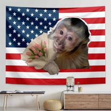 1pc Funny Monkey And Tulip Tapestry With American Flag Background, Decorative Wall Hanging Suitable For Living Room, Bedroom, Office, Humorous Decor, Pet And Floral Theme, All-Season, Made Of Polyester, Comes With 3 Wall Nails And 2 Clips