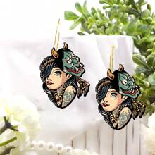 Pendientes de gota de madera con diseño de máscara de chica cool