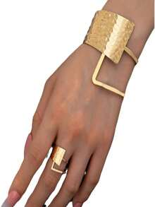 1 Set Geometric Open Bangle & Ring Jewelry Set, Gold Hammered Metallic Punk Style Gift For Everyday Wear - Gold - View 4