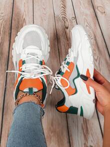 Women's Springtime & Summer Colorblock (White, Orange, Green) Dopamine Design Sneakers, Versatile To Pair With Dresses, Pants, Comfortable & Breathable Low-Top Lace-Up Casual Walking Shoes, Suitable For Parties, Holidays, Couples - White Tangerine - View 4