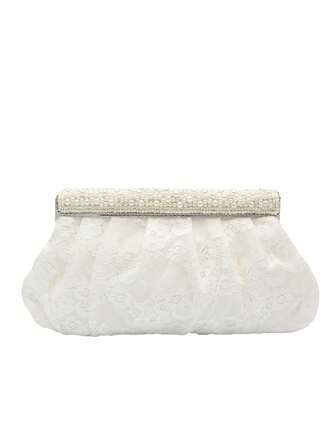 1 件纯色花卉蕾丝荷叶边装饰珍珠点缀简约优雅手拿包，适合女性正式场合，如婚礼、派对、毕业典礼，送给妈妈、女孩、新娘的礼物，白色珍珠包