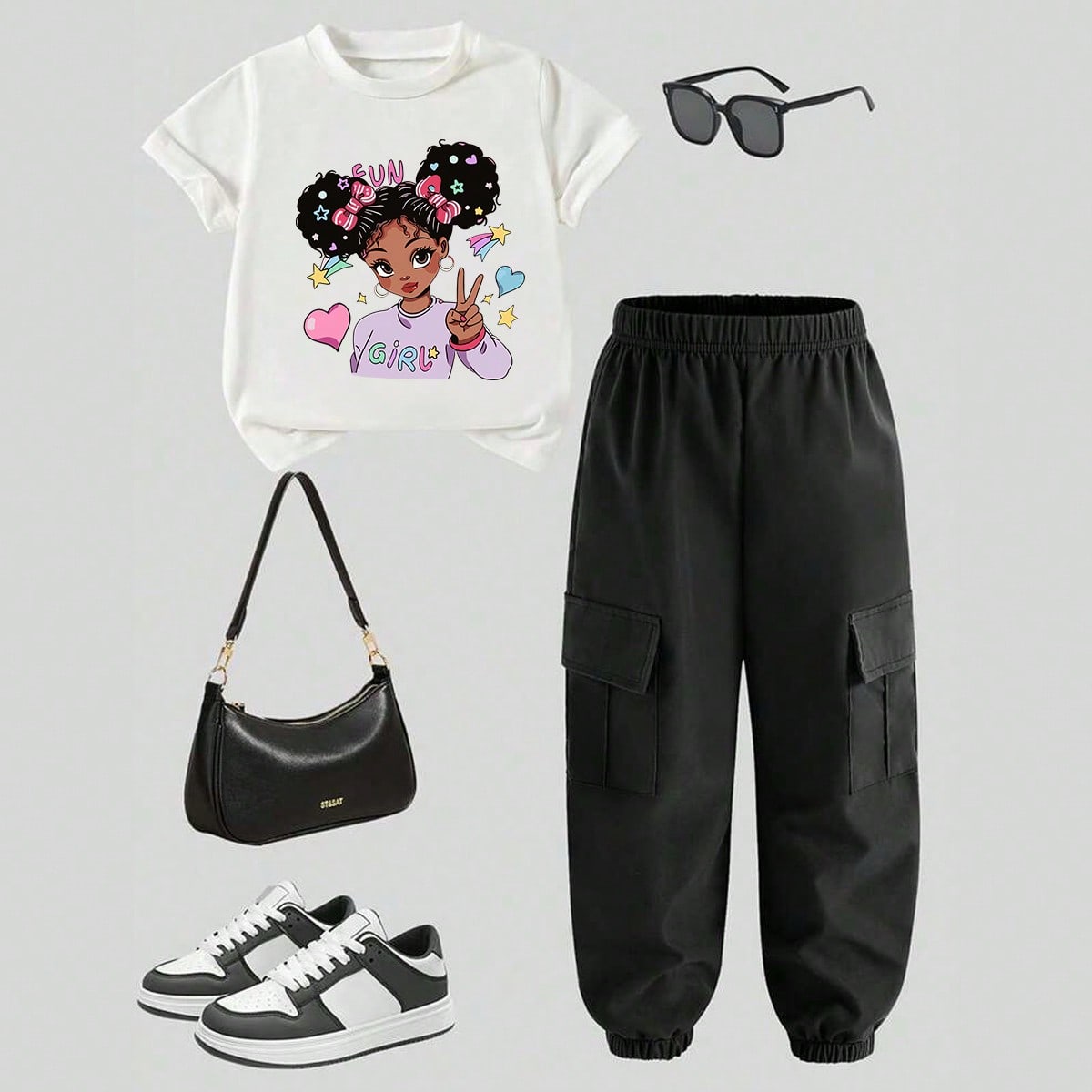 Conjunto de top de manga corta con estampado de dibujos animados y pantalón cargo para niña preadolescente