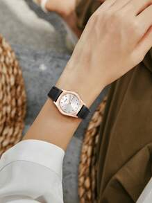 TOMI TOMI 1pc Universal Quartz Leather Watch With Dual Calendar, Elegant & Compact Design, Suitable For Daily Wear & Gift