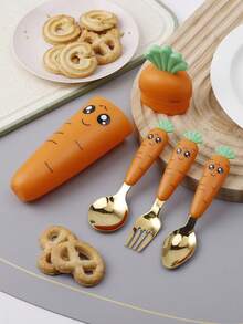 1pc Spoon/1SET Carrot-Shaped Plastic Handle Stainless Steel Cutlery Set With Three Pieces, Boxed, Kitchen, Christmas Gift,School Supplies - Multicolor - View 8
