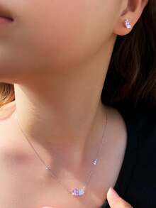 1 Set 925 Sterling Silver Sparkling Pink Cubic Zirconia Heart Shape Pendant Necklace And Earrings, Fine Jewelry Set For Women, Romantic Anniversary/Valentine's Day Gift - Pink - View 9