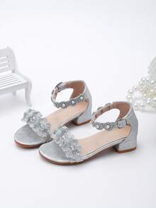 Sandalias de niña Zantong en gris con estilo floral de cristal, sandalias de tacón alto dulces para niños, sandalias de tacón bajo grueso abiertas y lindas para princesa, zapatos brillantes de vestir de verano, zapatos de baile, regalo de cumpleaños, zapatos de fiesta y boda con flores para niños, adecuados para niños/niñas