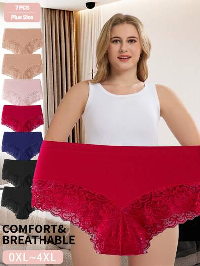 7 peças/conjunto feminino plus size cor sólida casual renda guarnição confortável sem costura cintura média triângulo roupa íntima