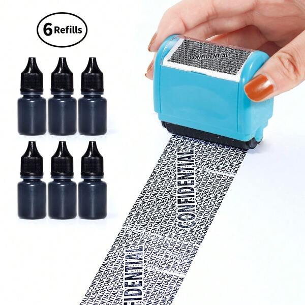 Conjunto de carimbos de rolo para proteção contra roubo de identidade - Azul (inclui tinta de reposição, frasco com tampa para fácil utilização e caixa de armazenamento)