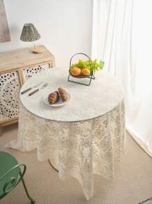 1pc French Style Minimalist Cream Lace Tablecloth With Embroidered Flowers And Bells, Suitable For Outdoor Wedding Decor, TV Cabinet Cover, Birthday Party, Afternoon Tea, Garden Photoshoot Background, All Seasons