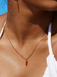MECYLIFE 1pc Minimalist Stainless Steel Red Chili Pepper Pendant Necklace, Versatile For Women - Gold - View 2