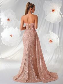 ADYCE 女士亮片无肩带美人鱼舞会礼服，高腰褶皱设计，缎带高开衩，露背系带，适合鸡尾酒会、正式晚宴、及地长裙，也适合婚礼宾客、正式场合、毕业典礼、约会之夜和新年等场合。